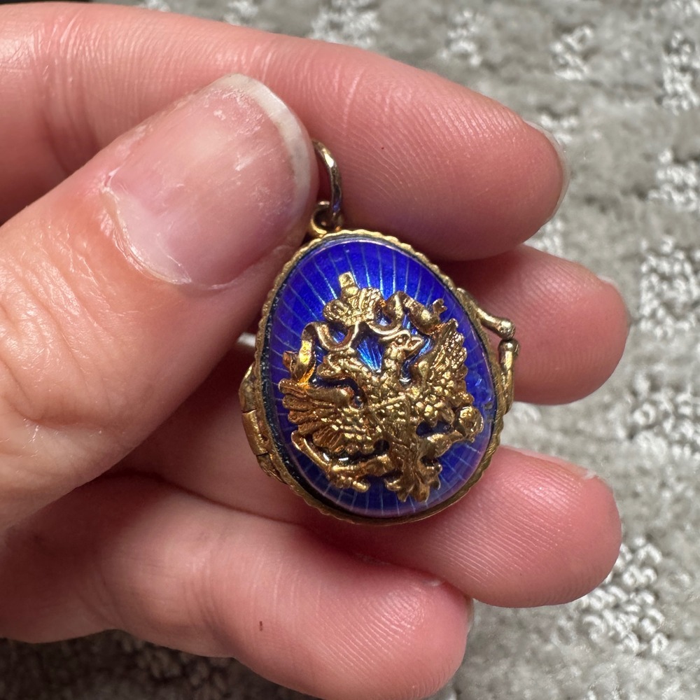 Vintage Russian Guilloche Enamel Egg Locket Pendant Blue Double Headed Eagle